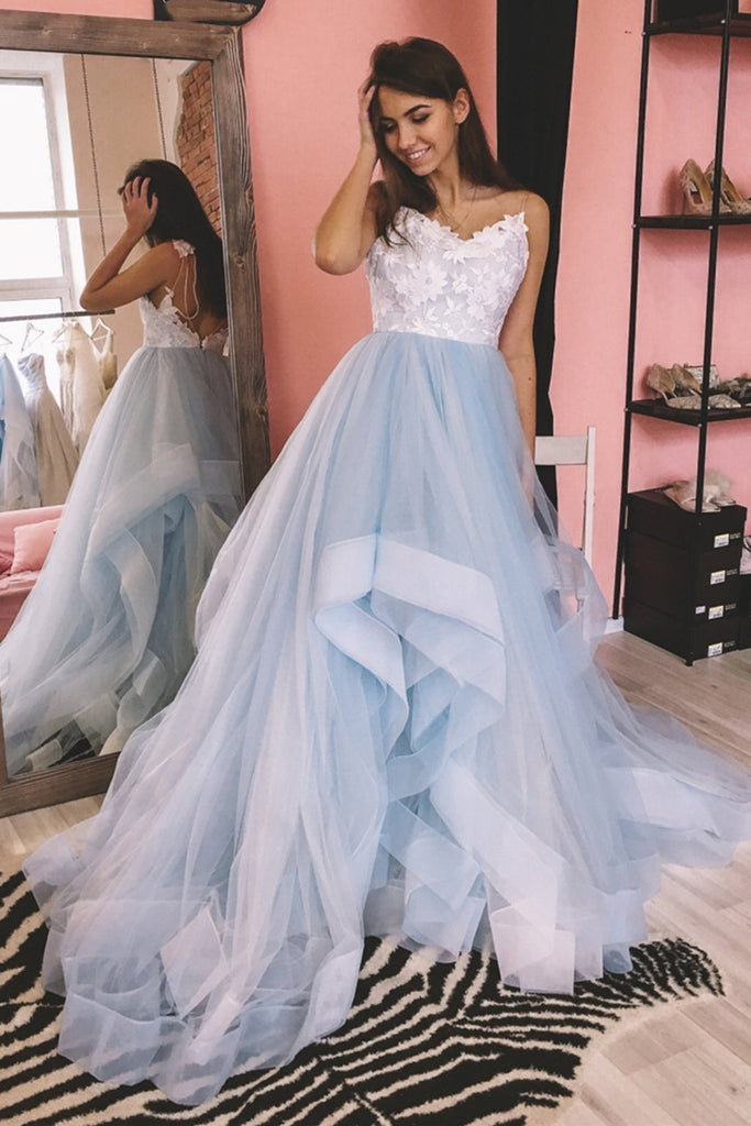 v neck blue long prom dresses with lace appliques backless formal dresses