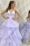 A-line V Neck Backless Lilac Long Prom Dress, Sparkly Formal Gown GP172
