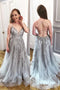 A-line V Neck Backless Dusty Blue Lace Tulle Long Prom Dress, GP153