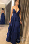 V Neck Backless Navy Blue Layered Long Prom Dresses, Simple Evening Party Dresses GP433