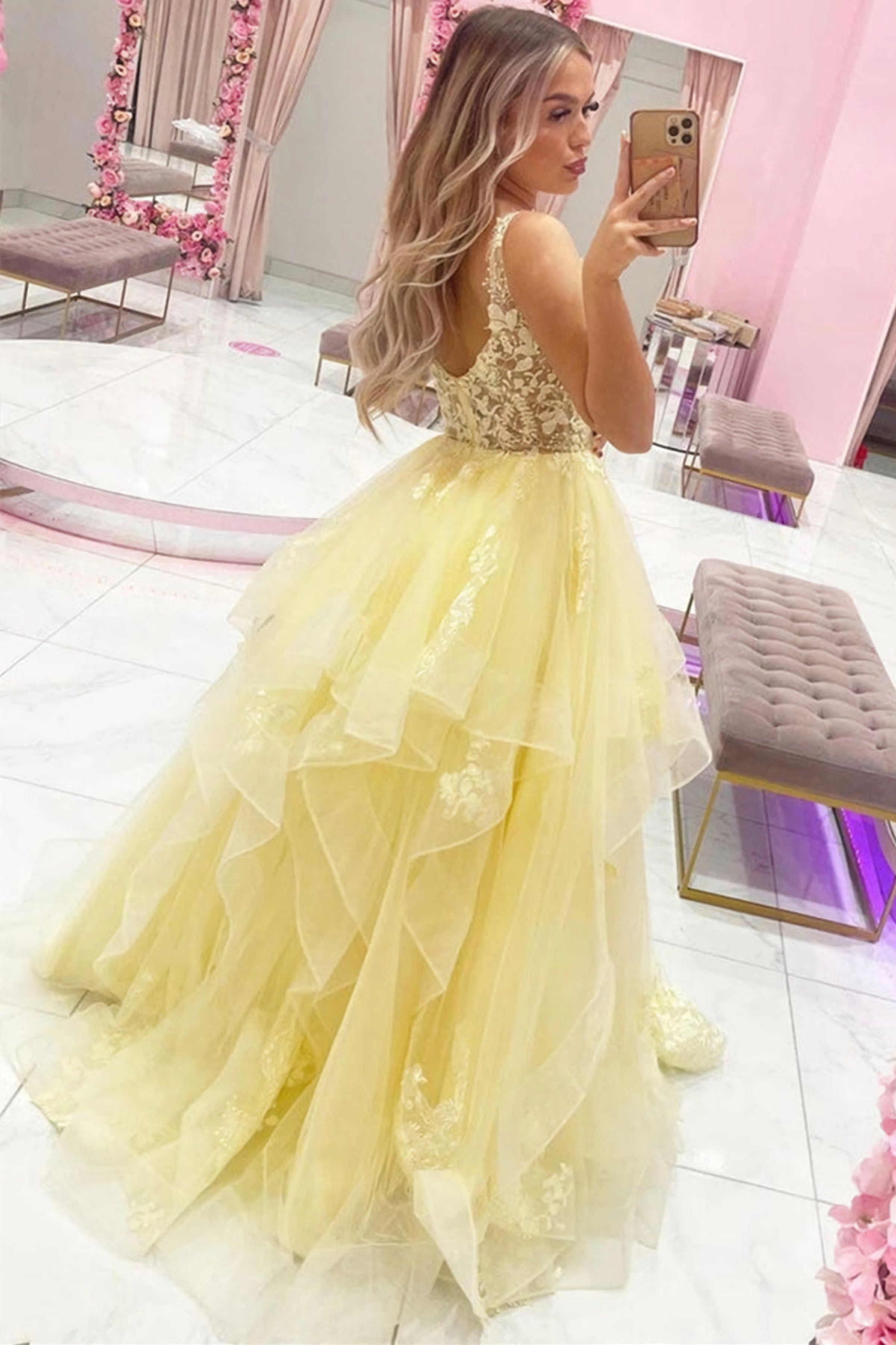 A Line V Neck Open Back Yellow Lace Tulle Long Prom Dresses with Appli —  Bridelily