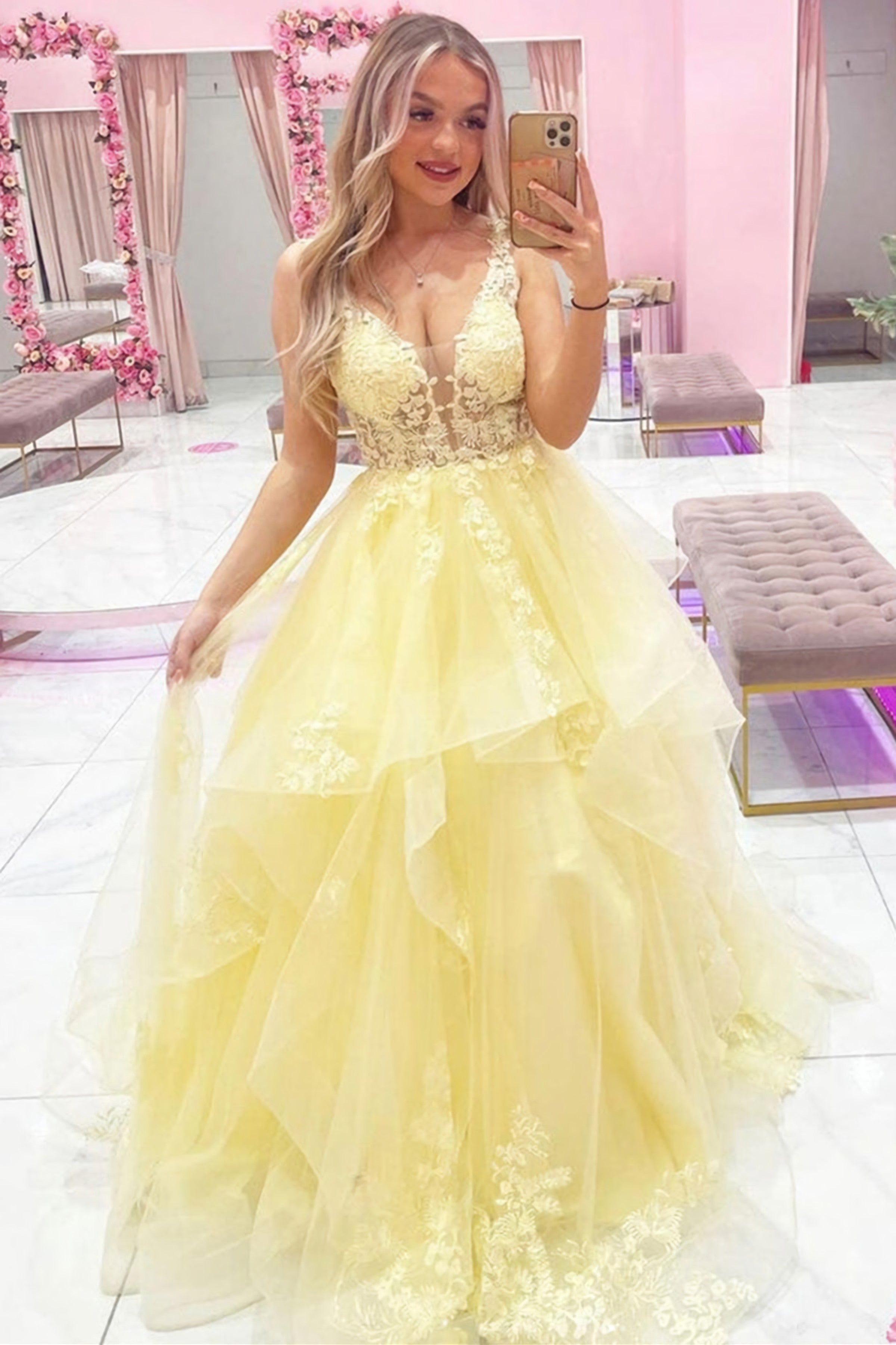 Charming Yellow Ball Gown,Sweet 16 Dress,Lace Princess Dress Y2322