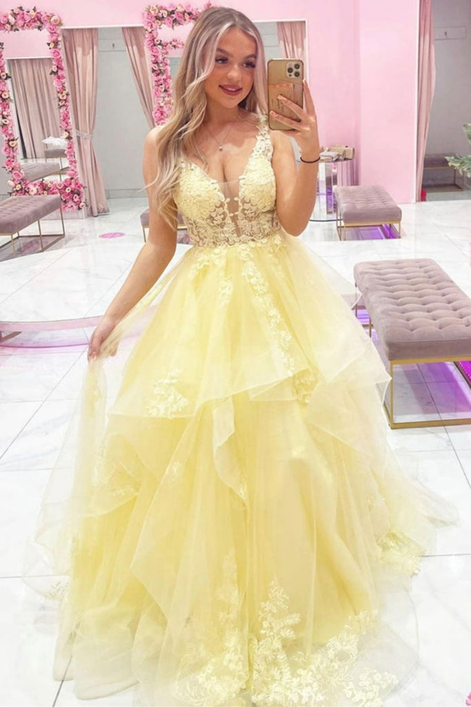 princess layered yellow tulle lace long prom dress v neck sweet 16 dress