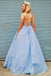 elegant a line v neck light blue backless prom dresses