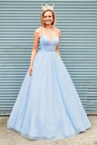 elegant a line v neck light blue backless prom dresses