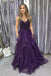 fluffy a line v neck tulle purple formal prom dress with beading