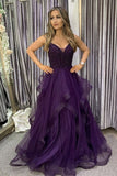 fluffy a line v neck tulle purple formal prom dress with beading