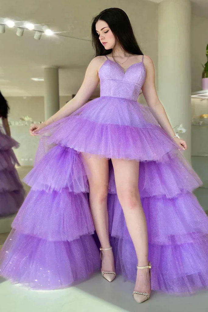 Princess Tulle V Neck Lavender High Low Prom Dresses, Formal Party Dresses GP451