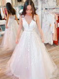 v neck white applique wedding dresses long formal prom dresses