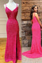 Spaghetti-straps Hot Pink Backless V Neck Mermaid Prom Dresses, Long Formal Dresses GP407