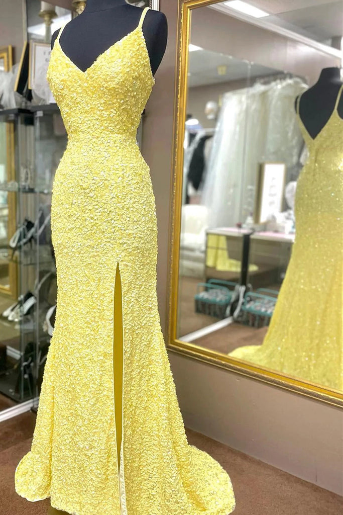 spaghetti straps yellow hot pink backless v neck mermaid prom dresses long formal dresses