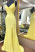 spaghetti straps yellow hot pink backless v neck mermaid prom dresses long formal dresses