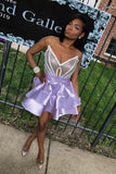 Unique V Neck Strapless Homecoming Dresses Satin Beading Short Prom Dress GM479