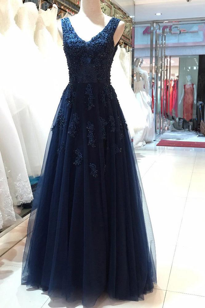 Dark Navy V-neck Tulle Long Prom Dress With Beading Appliqued MP333