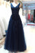 dark navy v neck tulle long prom dress with beading appliqued