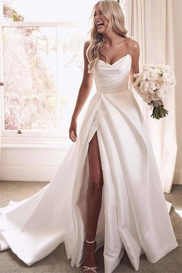 elegant a line satin wedding dress with slit simple sweetheart bridal gown