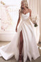 Elegant A Line Satin Wedding Dress With Slit, Simple Sweetheart Bridal Gown PW489
