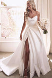 Elegant A Line Satin Wedding Dress With Slit, Simple Sweetheart Bridal Gown