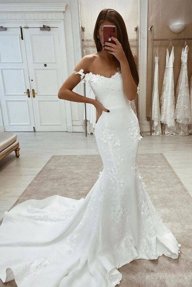 elegant off the shoulder mermaid applique long wedding dresses