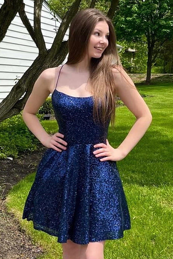 a line navy sequins short homecoming dress with criss cross back