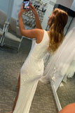 White Sheath Sequins Ruched One-Shoulder Prom Evening Dresses With Slit GP353