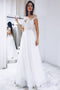 White Sheer Neck Boho Wedding Dress, Floor Length Lace Tulle Bridal Gown PW392