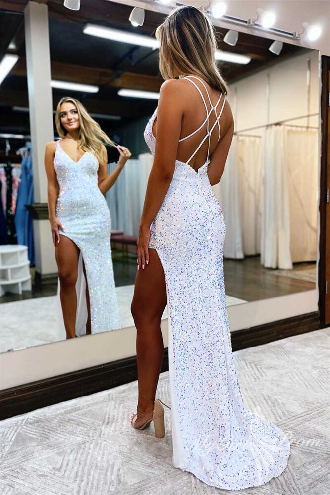 White V Neck Sparkly Mermaid Long Prom Dresses with Slit, Sequins Long Evening Gow GP437