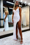 White V Neck Sparkly Mermaid Long Prom Dresses with Slit, Sequins Long Evening Gown GP437