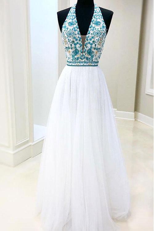white chiffon long prom dress v neck with blue beaded bodice dress
