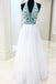 white chiffon long prom dress v neck with blue beaded bodice dress