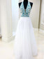White Chiffon Long Prom Dress V neck With Blue Beaded Bodice Dress MP858