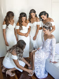 white off shoulder bridesmaid dresses simple tea length wedding party dresses pb135