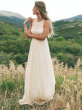 Simple Round Neck Sleeveless Bridal Dresses, Chiffon Long Pleated Wedding Dress PW01