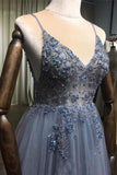 A-line V-Neck Sleeveless Prom Dresses Beading Tulle Evening Dresses MP05