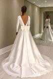 long sleeves ivory simple vintage wedding dresses with back bowknot