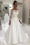 Elegant White Satin A-line Wedding Dresses With Lace Long Sleeves PW437