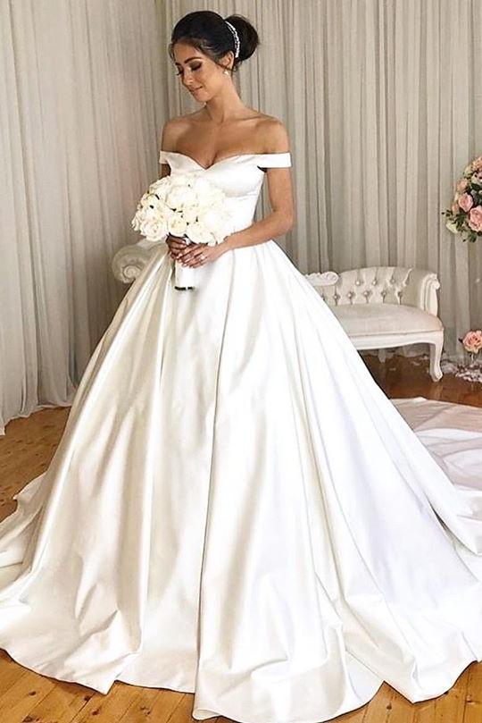 charming off shoulder simple satin ball gown wedding dresses