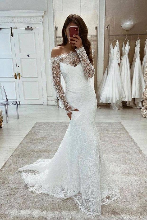 Elegant Mermaid Lace Beach Wedding Dresses With Long Sleeves PW439