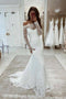 Elegant White Mermaid Lace Beach Wedding Dresses With Long Sleeves PW439