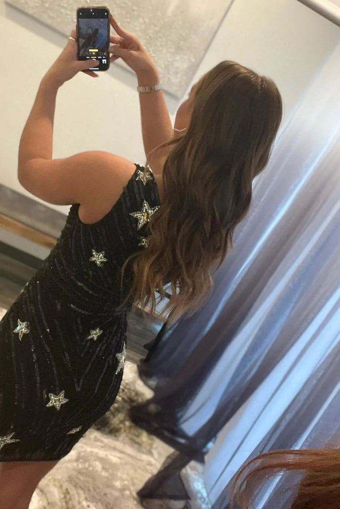 one shoulder black sequins tight homecoming dress sparkly party dress with star