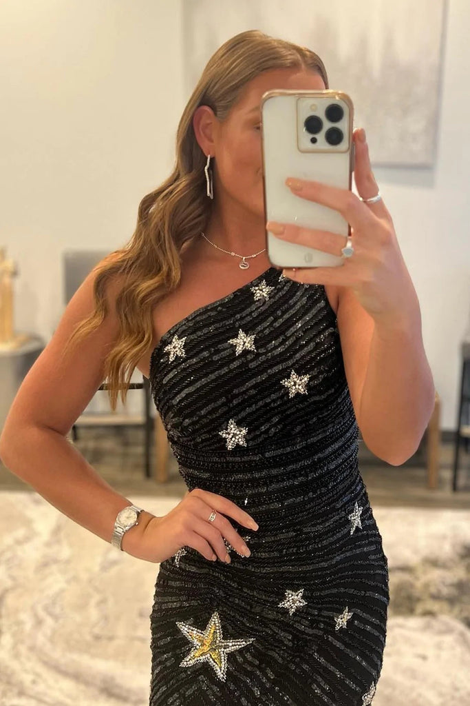 one shoulder black sequins tight homecoming dress sparkly party dress with star