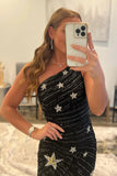 One Shoulder Black Sequins Tight Homecoming Dress, Sparkly Party Dress with Star GM610