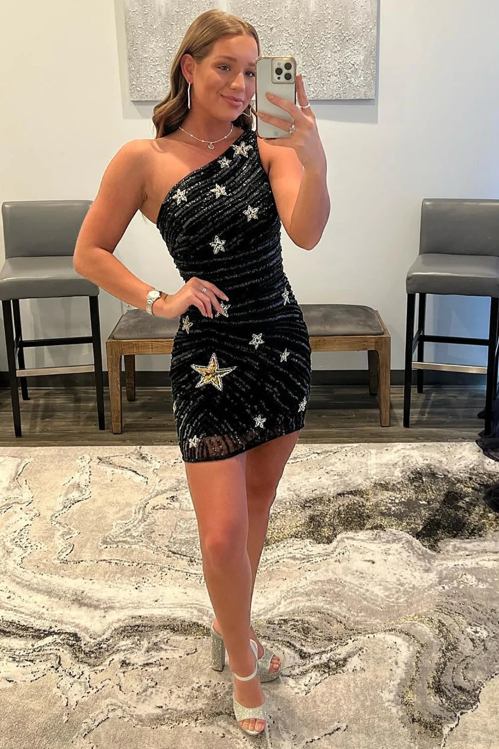 One Shoulder Black Sequins Tight Homecoming Dress, Sparkly Party Dress with Star GM610