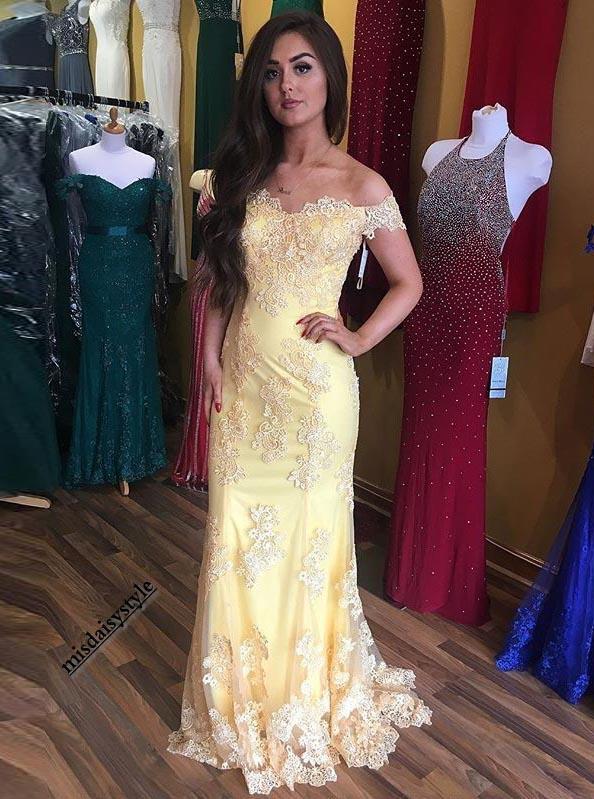 yellow long prom dress lace off the shoulder sheath party dress