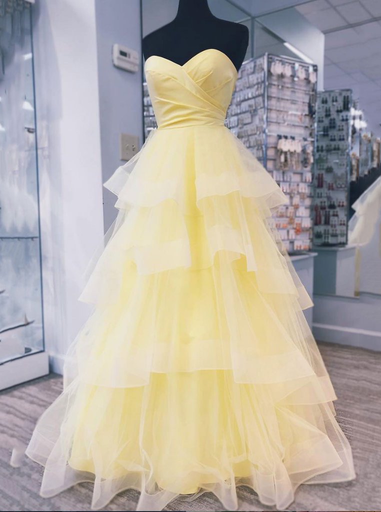 Yellow Sweetheart Tulle Long Prom Dress With Layered Graduation