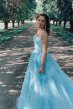 a line sky blue lace appliques strapless long prom dress graduation dress