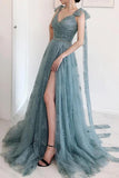 bow tie straps dusty blue prom dresses a line lace split formal dress