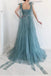 bow tie straps dusty blue prom dresses a line lace split formal dress