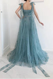 bow tie straps dusty blue prom dresses a line lace split formal dress