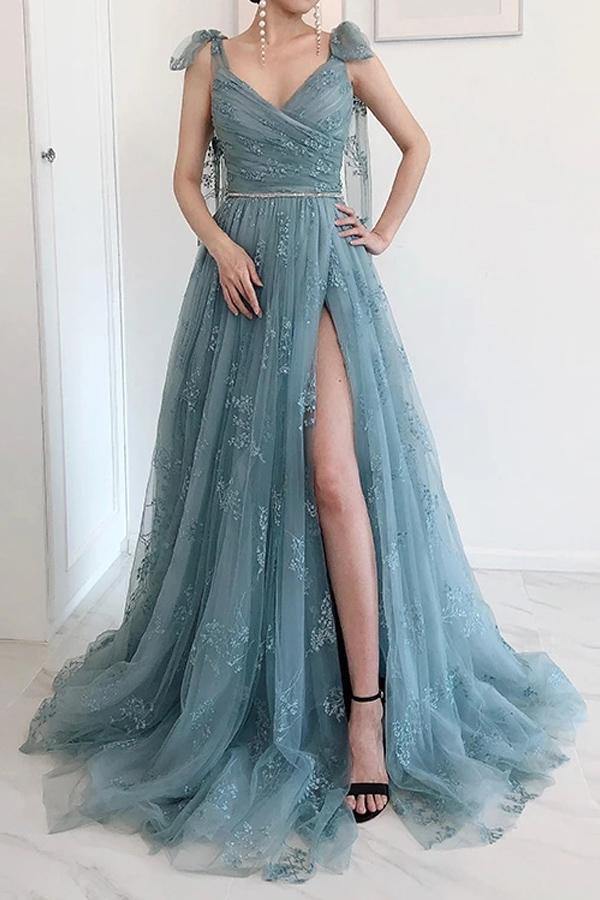 bow tie straps dusty blue prom dresses a line lace split formal dress